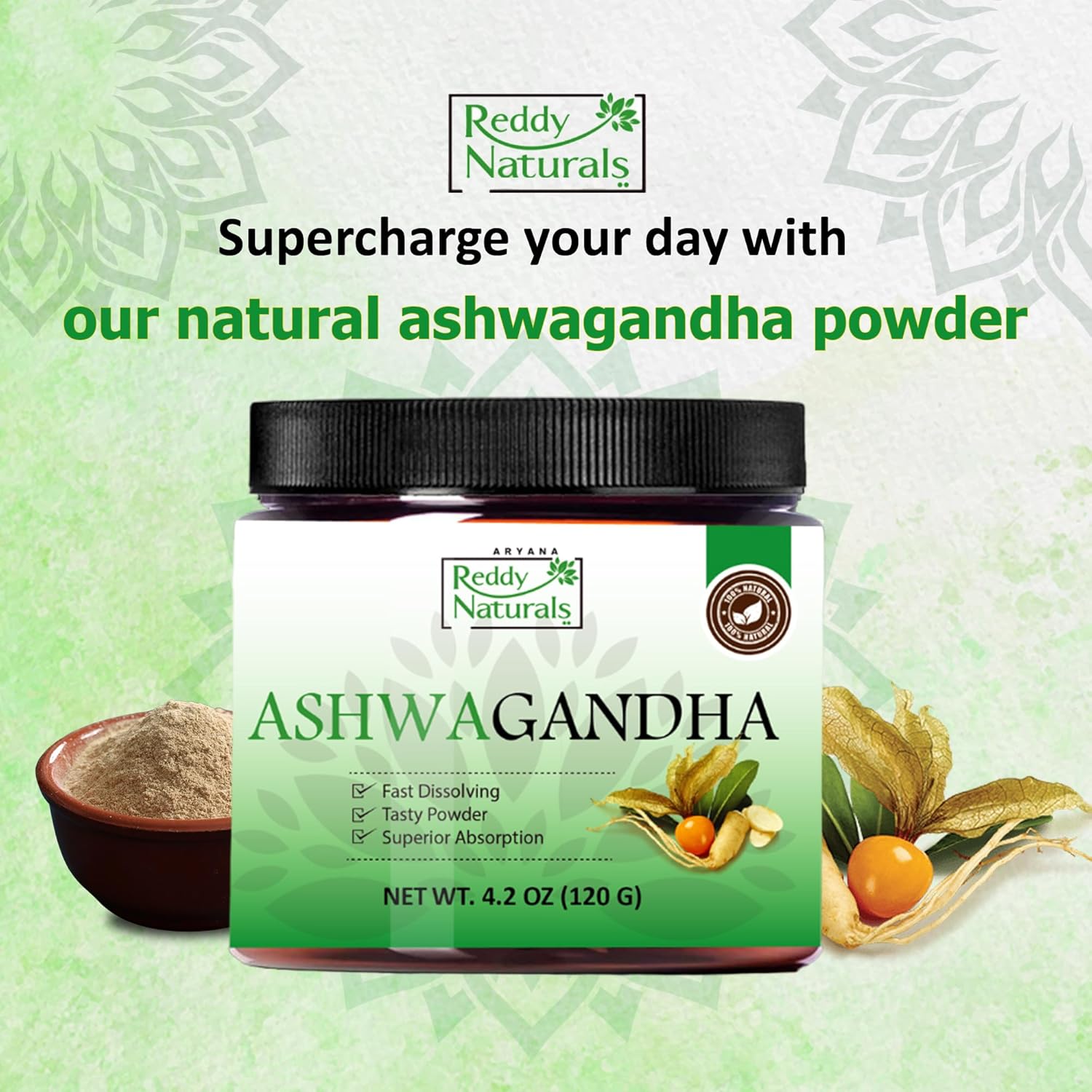 High-Potency Reddy Naturals Aryana Pure Organic Ashwagandha Powder with 10% Withanolides - Natural Orange Flavor - Stress & Energy Support - 4.2 OZ (120g)
