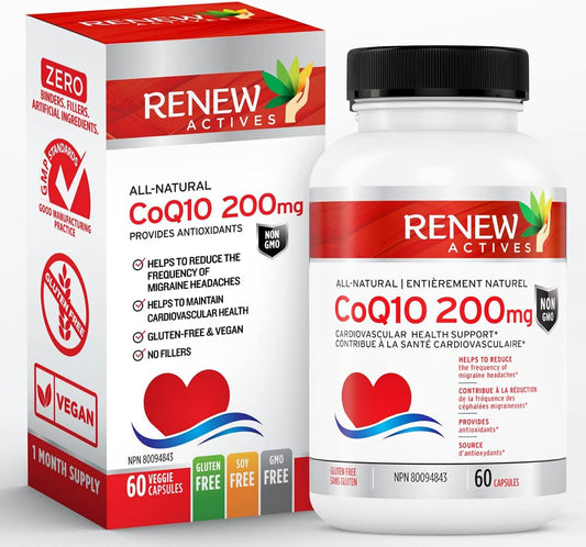 High Potency Renew Actives CoQ10 Ubiquinone Supplement: 200mg for Cardiovascular Health, Migraine Relief, Immune System Boost & Energy - Antioxidant Support - 60 Capsules