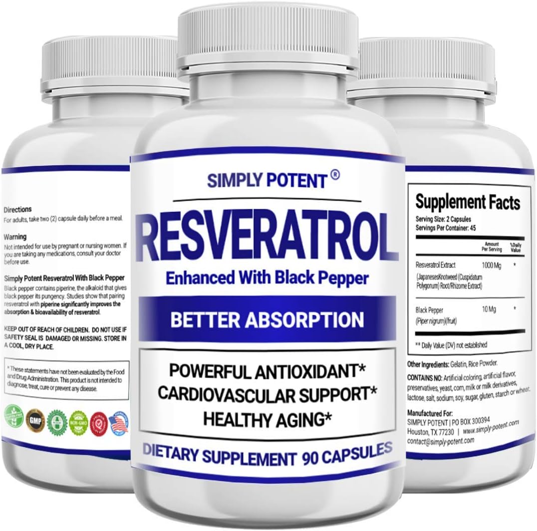 High Potency Resveratrol Supplement with Black Pepper for Enhanced Absorption - 1000mg Trans Resveratrol Capsules for Heart, Immune, and Skin Health - Antioxidant and Anti-Aging Formula - 90 Count
