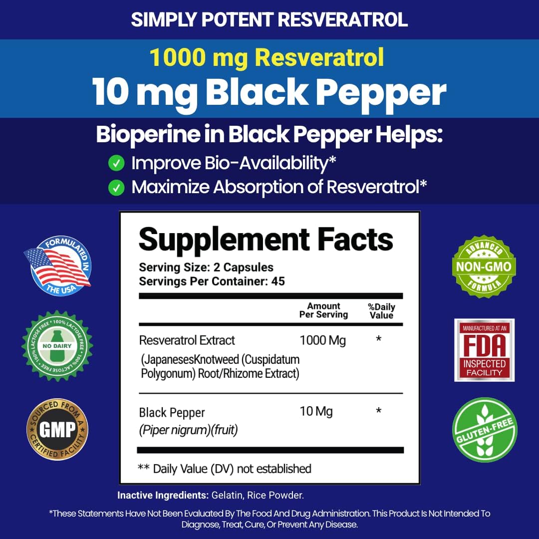 High Potency Resveratrol Supplement with Black Pepper for Enhanced Absorption - 1000mg Trans Resveratrol Capsules for Heart, Immune, and Skin Health - Antioxidant and Anti-Aging Formula - 90 Count