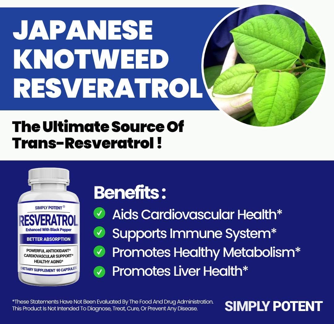 High Potency Resveratrol Supplement with Black Pepper for Enhanced Absorption - 1000mg Trans Resveratrol Capsules for Heart, Immune, and Skin Health - Antioxidant and Anti-Aging Formula - 90 Count
