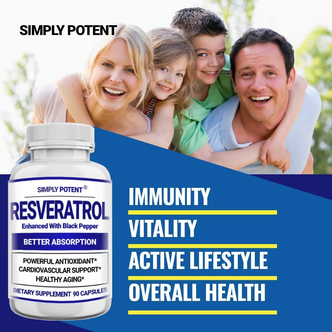 High Potency Resveratrol Supplement with Black Pepper for Enhanced Absorption - 1000mg Trans Resveratrol Capsules for Heart, Immune, and Skin Health - Antioxidant and Anti-Aging Formula - 90 Count