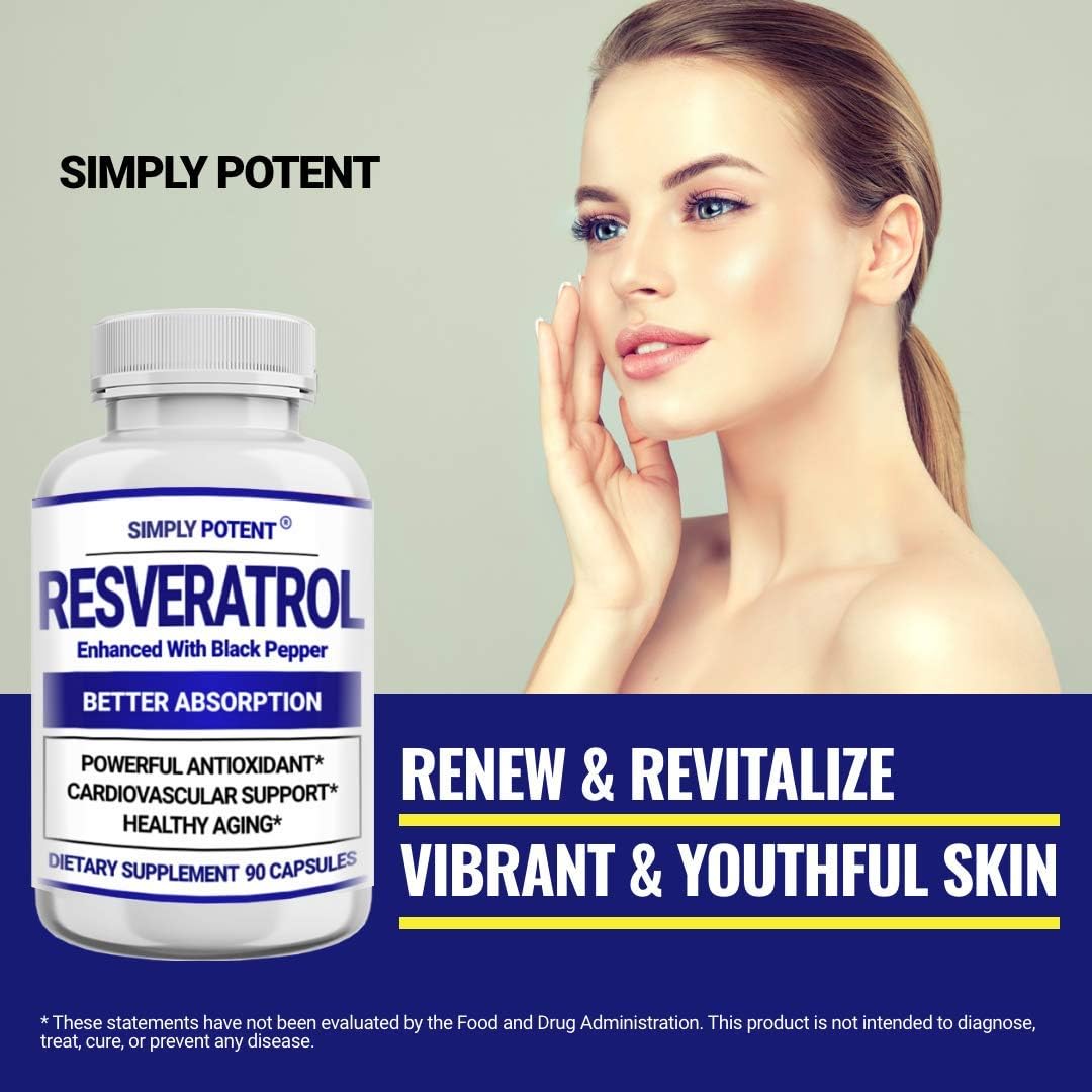 High Potency Resveratrol Supplement with Black Pepper for Enhanced Absorption - 1000mg Trans Resveratrol Capsules for Heart, Immune, and Skin Health - Antioxidant and Anti-Aging Formula - 90 Count