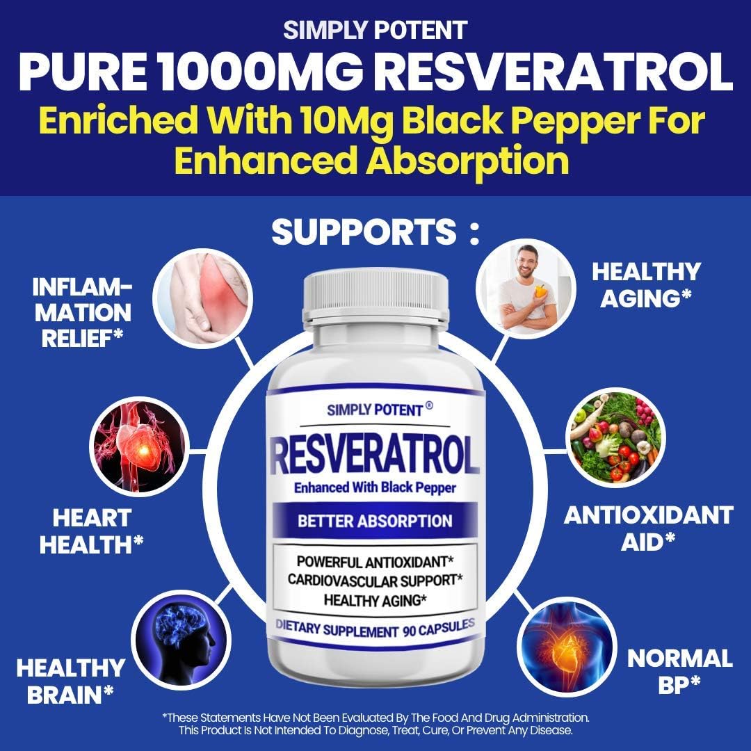 High Potency Resveratrol Supplement with Black Pepper for Enhanced Absorption - 1000mg Trans Resveratrol Capsules for Heart, Immune, and Skin Health - Antioxidant and Anti-Aging Formula - 90 Count