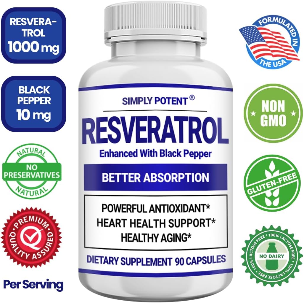 High Potency Resveratrol Supplement with Black Pepper for Enhanced Absorption - 1000mg Trans Resveratrol Capsules for Heart, Immune, and Skin Health - Antioxidant and Anti-Aging Formula - 90 Count