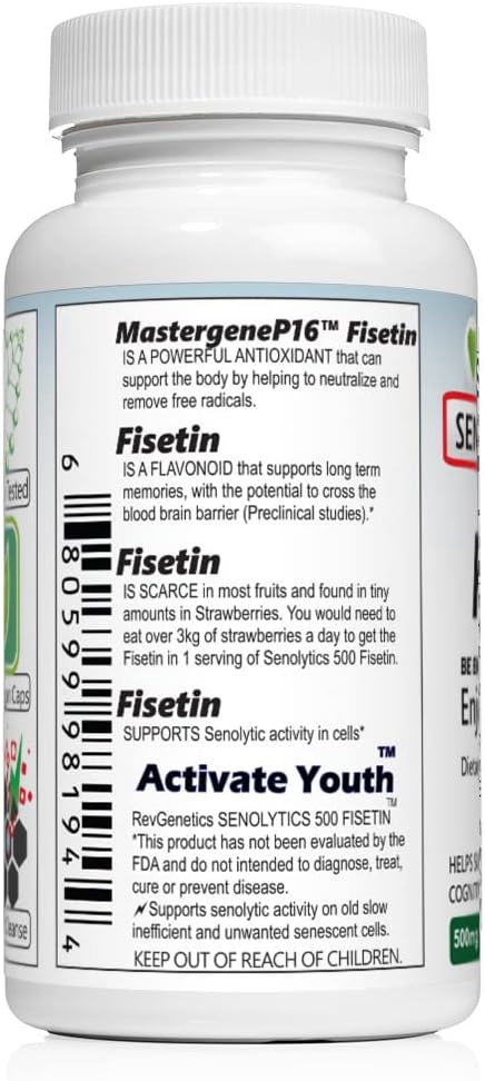 High-Potency REVGENETICS SENOLYTICS Fisetin Supplement - 500 mg Dose for Cellular Health