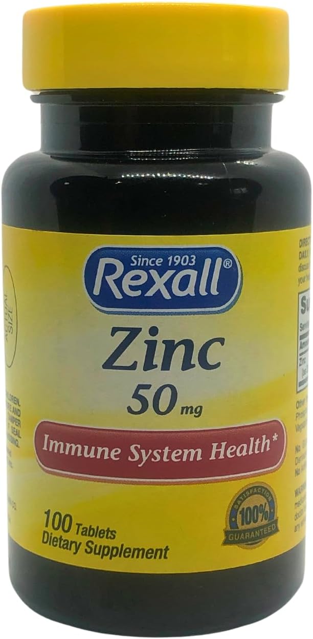 High Potency Rexall Zinc 50mg Supplement - 100 Tablets for Immune Support, Energy, and Overall Wellness