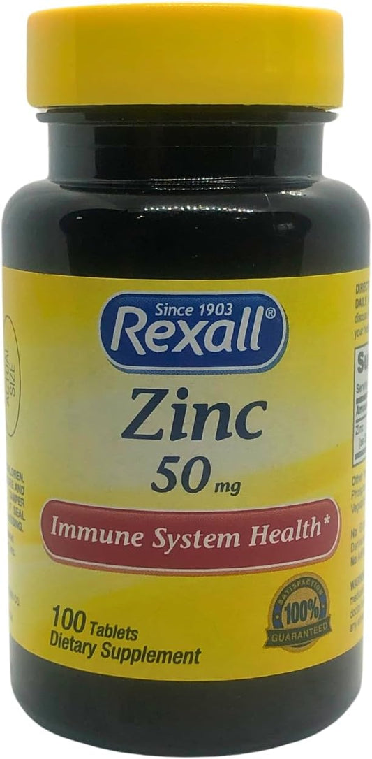 High Potency Rexall Zinc 50mg Supplement - 100 Tablets for Immune Support, Energy, and Overall Wellness