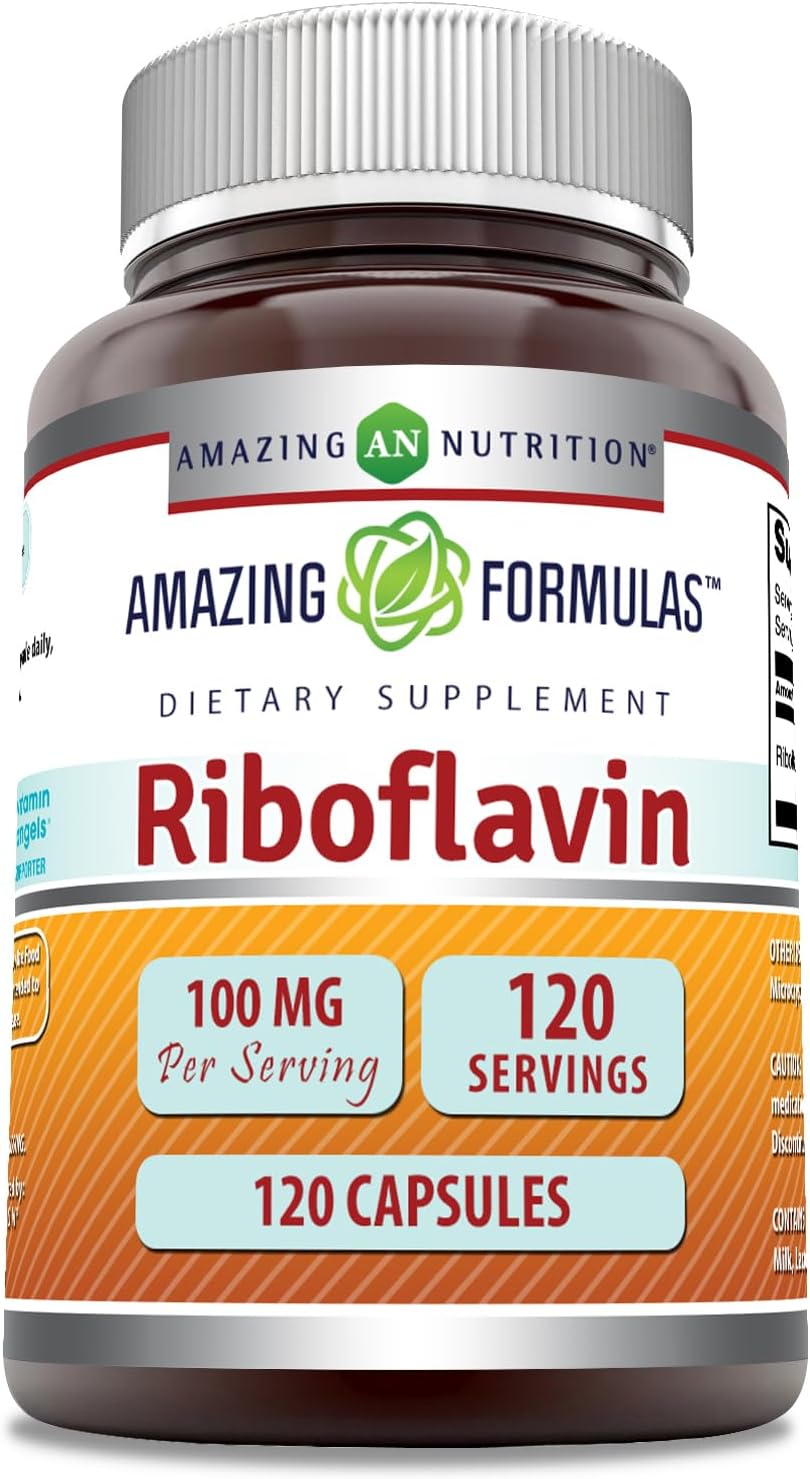 High Potency Riboflavin (Vitamin B2) Supplement - 100mg, 120 Capsules - Non-GMO, Gluten Free - Made in USA by Amazing Nutrition