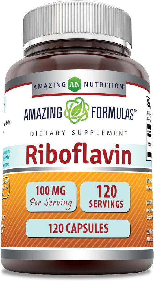 High Potency Riboflavin (Vitamin B2) Supplement - 100mg, 120 Capsules - Non-GMO, Gluten Free - Made in USA by Amazing Nutrition