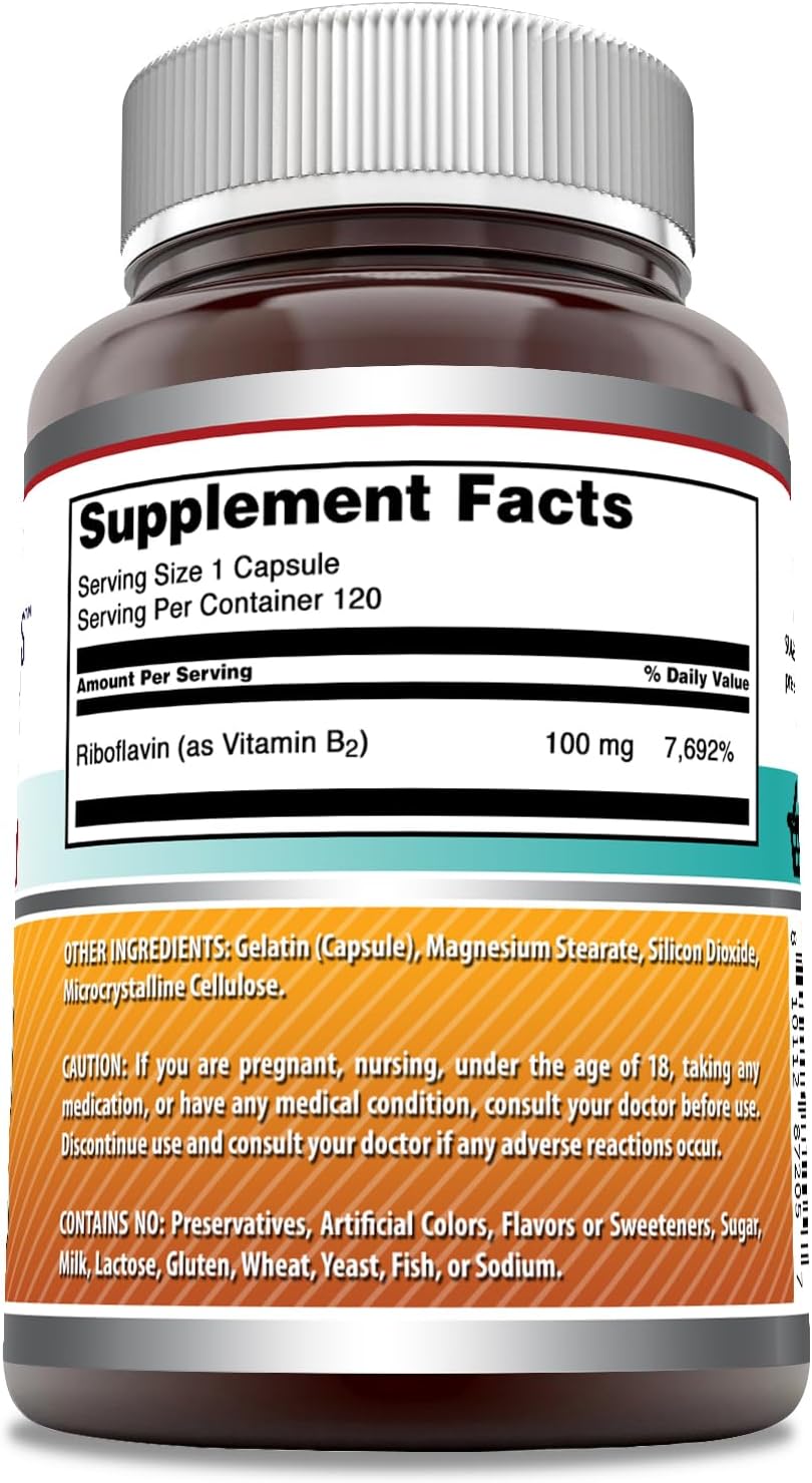 High Potency Riboflavin (Vitamin B2) Supplement - 100mg, 120 Capsules - Non-GMO, Gluten Free - Made in USA by Amazing Nutrition