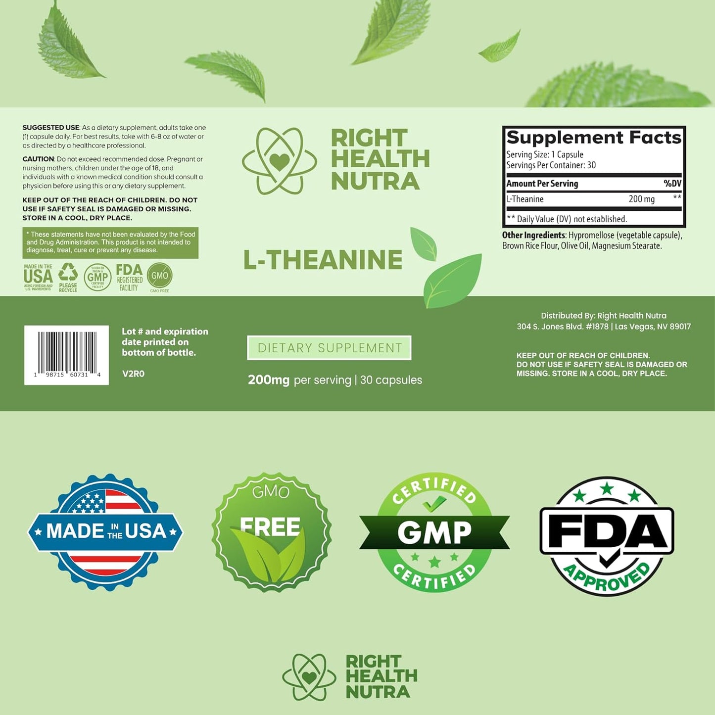 High Potency Right Health Nutra L-Theanine Capsules - 200mg, 30 Count - Premium L Theanine Supplement with Double Strength Formula