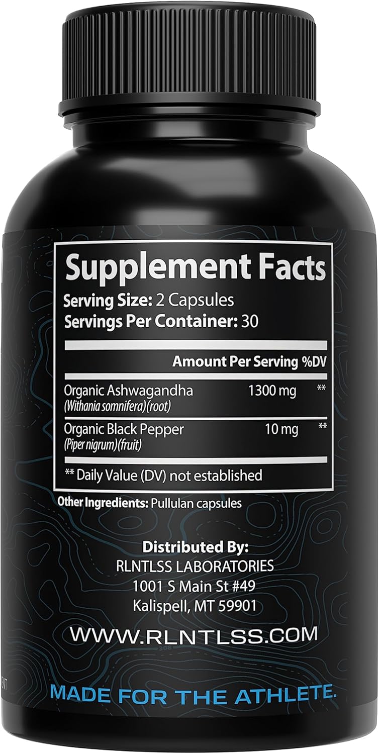 High Potency RLNTLSS ASHWAGANDHA Plus Supplement with Black Pepper Extract - Natural Performance Boost, 1300mg Per Serving - Vegan Capsules for Maximum Absorption - Premium Quality, Made in USA (60 Count)