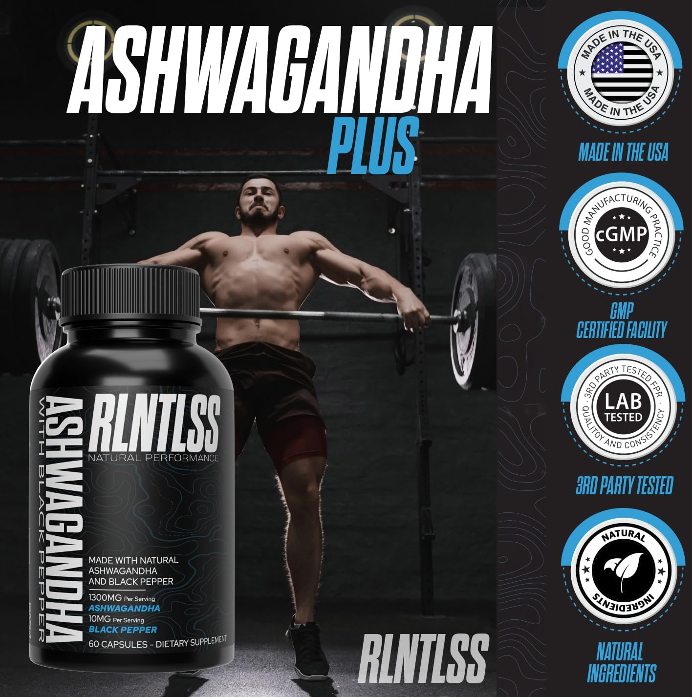 High Potency RLNTLSS ASHWAGANDHA Plus Supplement with Black Pepper Extract - Natural Performance Boost, 1300mg Per Serving - Vegan Capsules for Maximum Absorption - Premium Quality, Made in USA (60 Count)