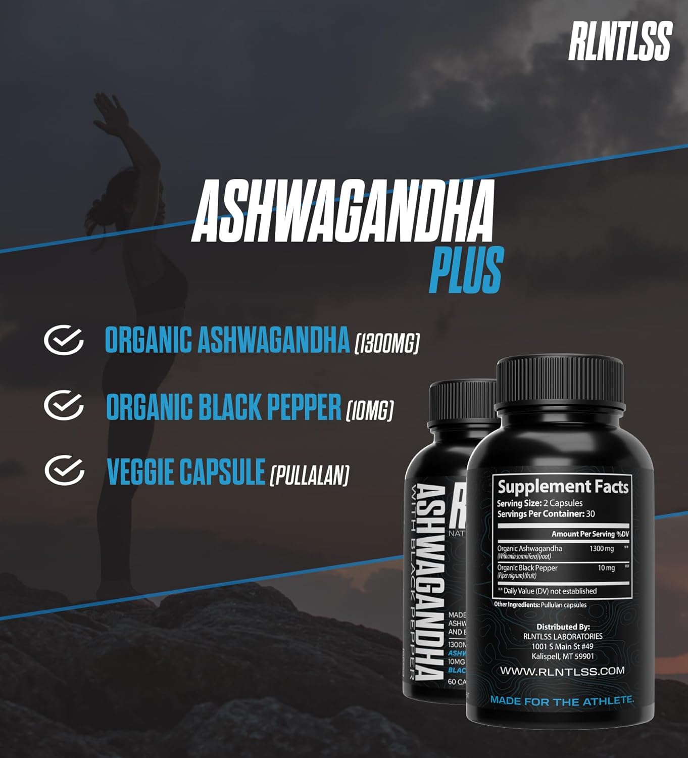 High Potency RLNTLSS ASHWAGANDHA Plus Supplement with Black Pepper Extract - Natural Performance Boost, 1300mg Per Serving - Vegan Capsules for Maximum Absorption - Premium Quality, Made in USA (60 Count)