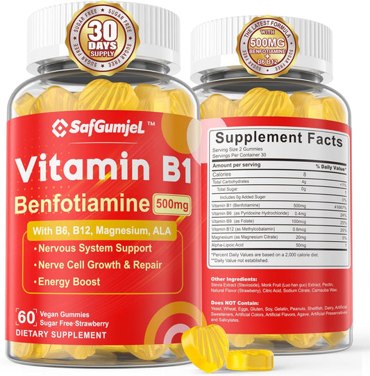 High Potency Safgumjel Vitamin B1 Gummies - Benfotiamine 500mg, B1 B6 B12 Complex, Boosts Energy & Supports Nervous System, 1 Pack
