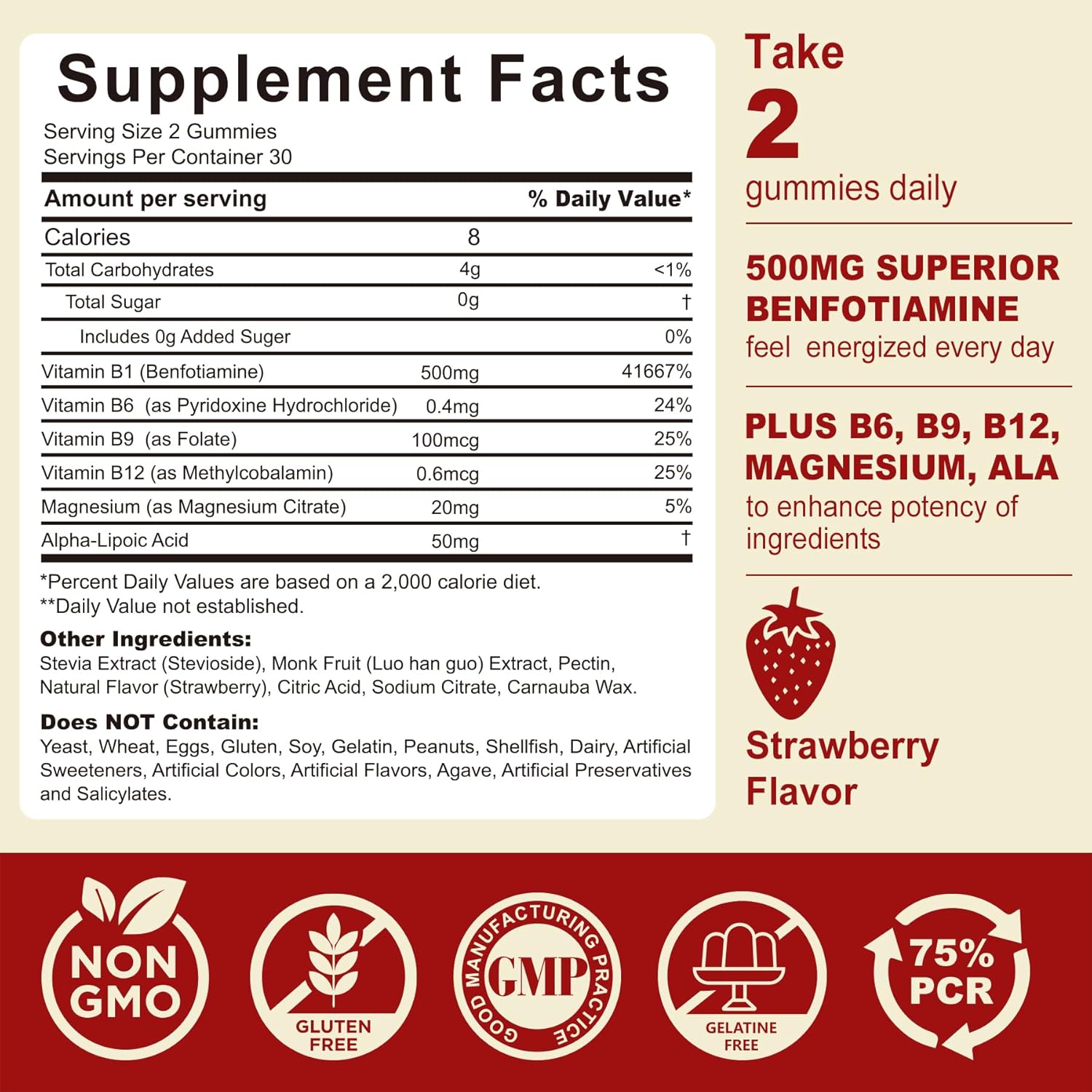 High Potency Safgumjel Vitamin B1 Gummies - Benfotiamine 500mg, B1 B6 B12 Complex, Boosts Energy & Supports Nervous System, 1 Pack