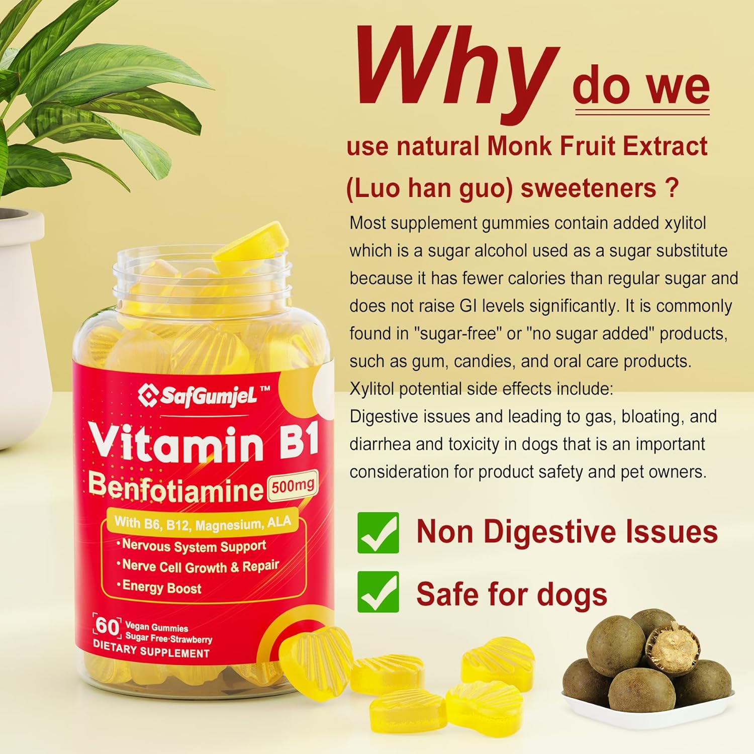 High Potency Safgumjel Vitamin B1 Gummies - Benfotiamine 500mg, B1 B6 B12 Complex, Boosts Energy & Supports Nervous System, 1 Pack