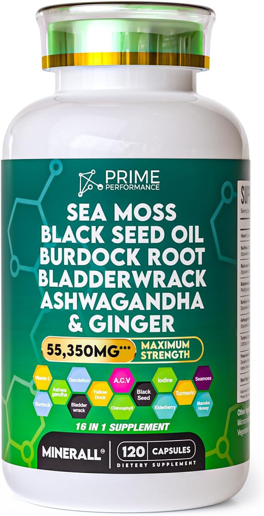 High-Potency Sea Moss, Black Seed Oil, Bladderwrack, Burdock, Ashwagandha, Turmeric, Ginger, Elderberry, Vitamin C, ACV & Chlorophyll Supplement for Prime Performance Nutrition