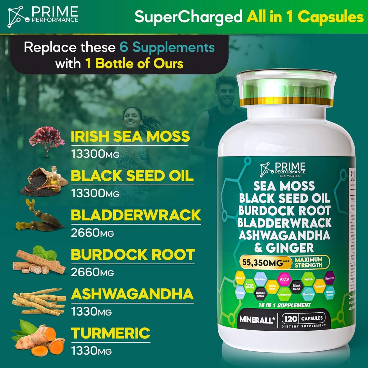 High-Potency Sea Moss, Black Seed Oil, Bladderwrack, Burdock, Ashwagandha, Turmeric, Ginger, Elderberry, Vitamin C, ACV & Chlorophyll Supplement for Prime Performance Nutrition