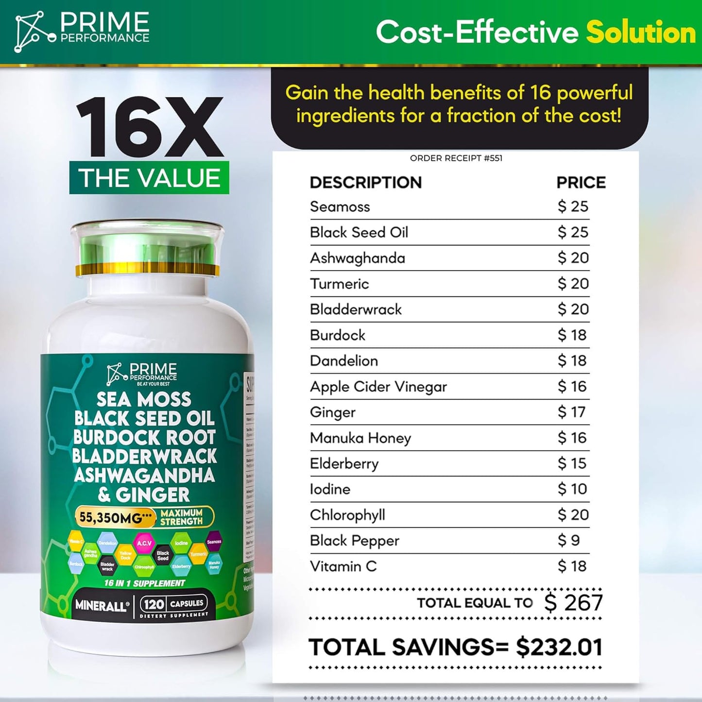 High-Potency Sea Moss, Black Seed Oil, Bladderwrack, Burdock, Ashwagandha, Turmeric, Ginger, Elderberry, Vitamin C, ACV & Chlorophyll Supplement for Prime Performance Nutrition