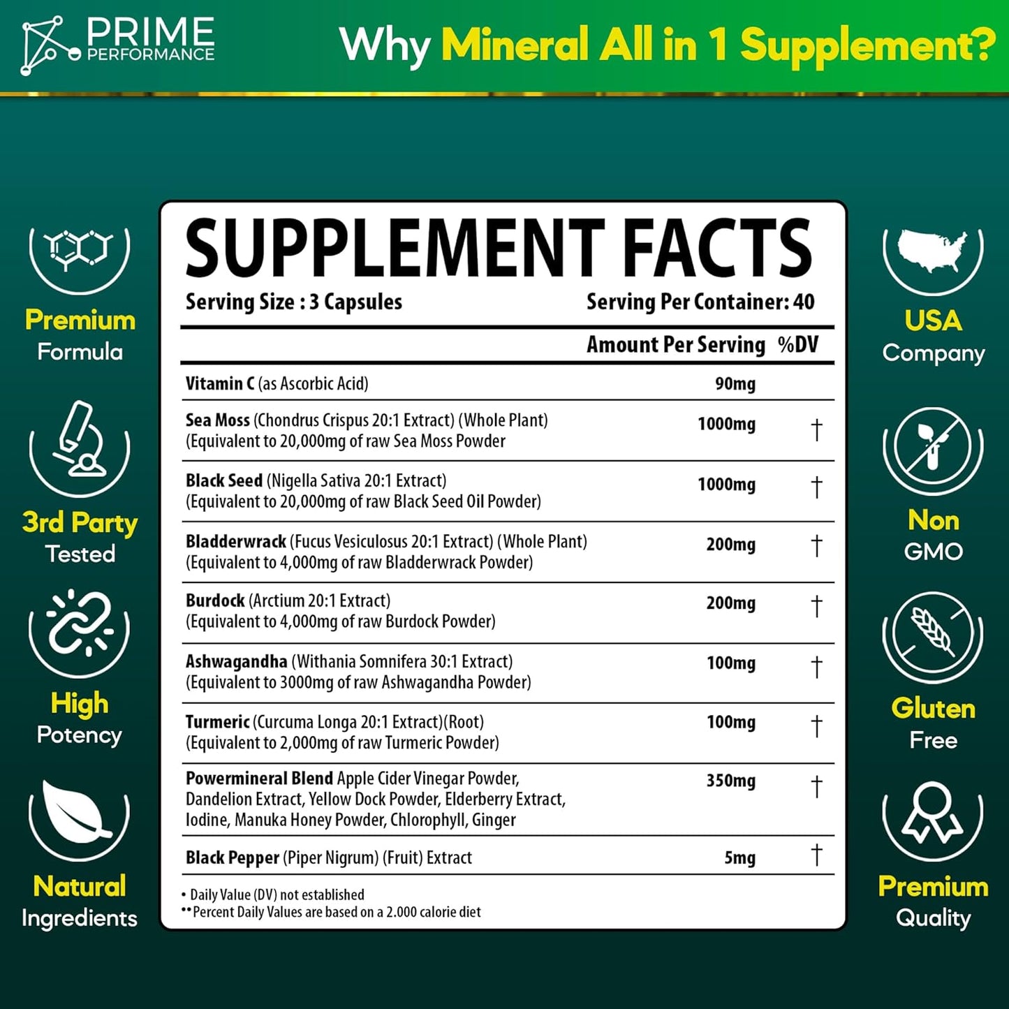 High-Potency Sea Moss, Black Seed Oil, Bladderwrack, Burdock, Ashwagandha, Turmeric, Ginger, Elderberry, Vitamin C, ACV & Chlorophyll Supplement for Prime Performance Nutrition