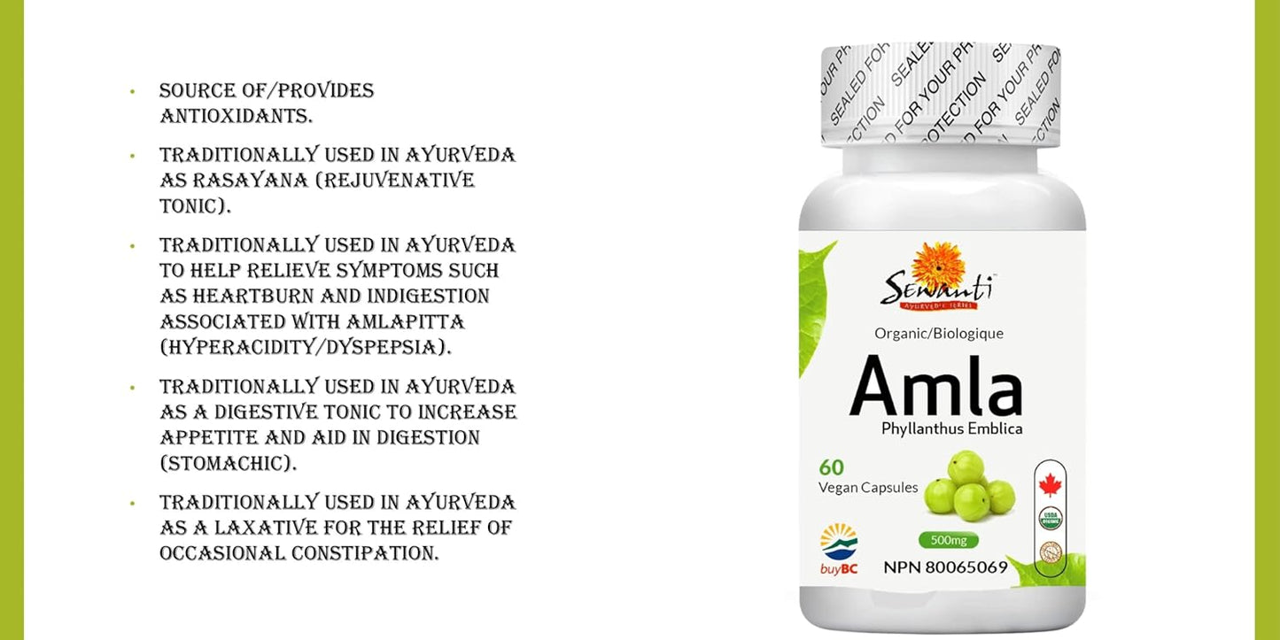 High Potency Sewanti Organic Amla Dietary Supplement Capsules - Natural Antioxidant with Vitamin C Boost - 60 Vegan Extract Capsules, 500mg