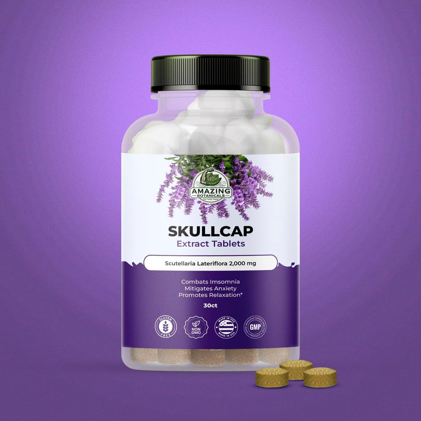 High Potency Skullcap 10X Extract Tablets - 2,000 mg - Herbal Supplement for Relaxation - 30 Tablets