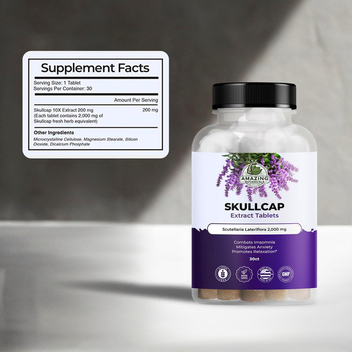 High Potency Skullcap 10X Extract Tablets - 2,000 mg - Herbal Supplement for Relaxation - 30 Tablets