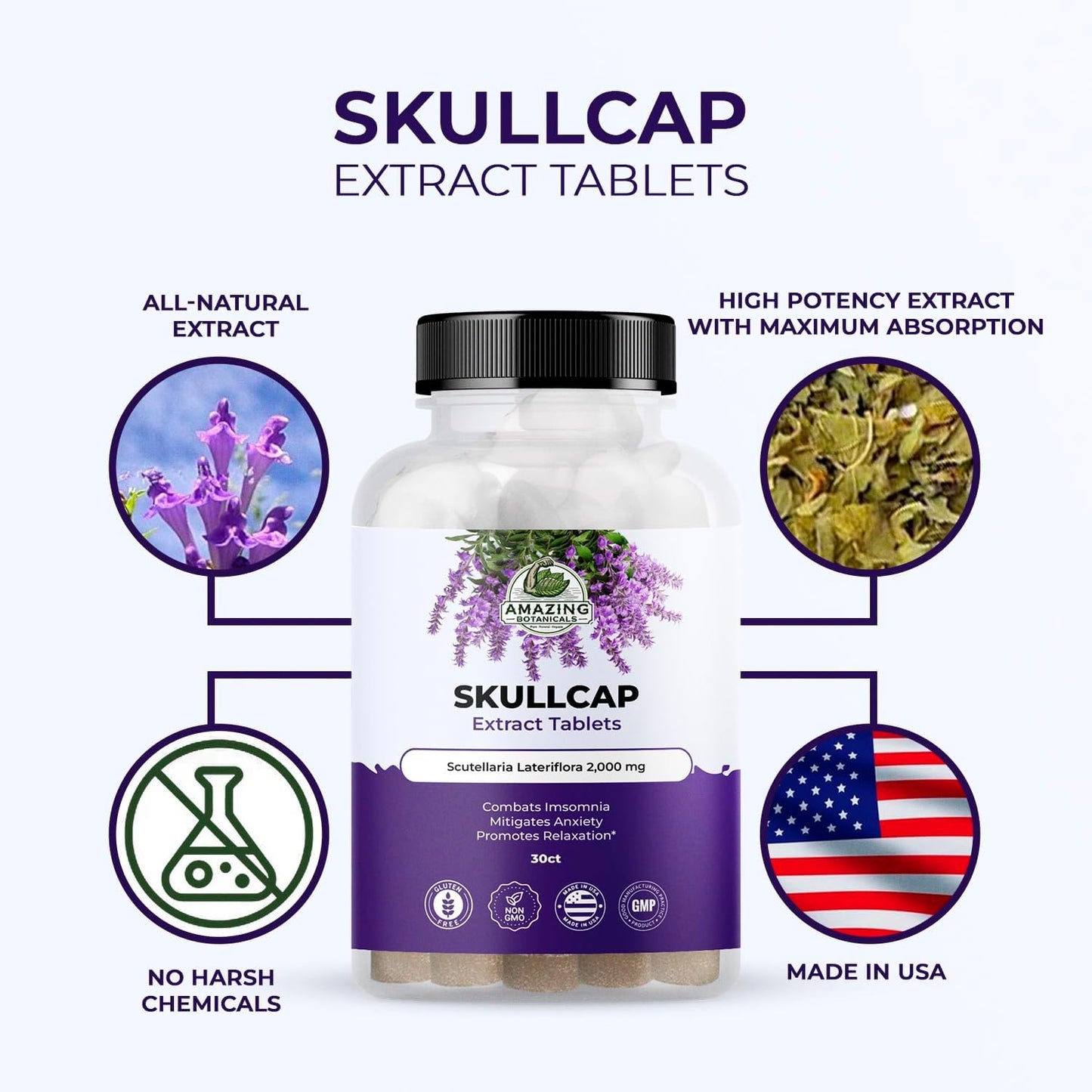 High Potency Skullcap 10X Extract Tablets - 2,000 mg - Herbal Supplement for Relaxation - 30 Tablets