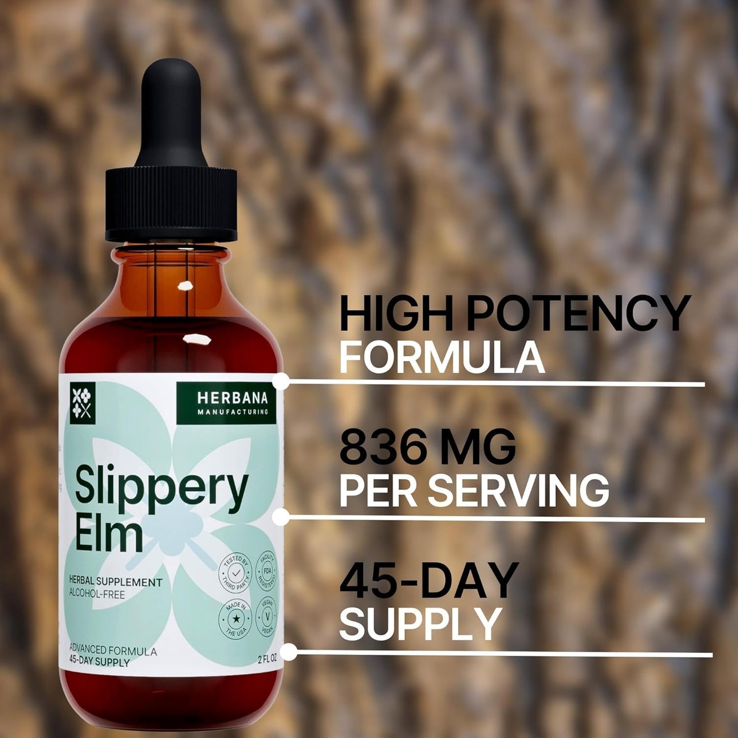 High Potency Slippery Elm Bark Liquid Extract for Gut, Respiratory & Immune Support - Natural Herbal Drops - 2 fl oz - Ulmus Rubra Tincture - 45-Day Supply for Men & Women