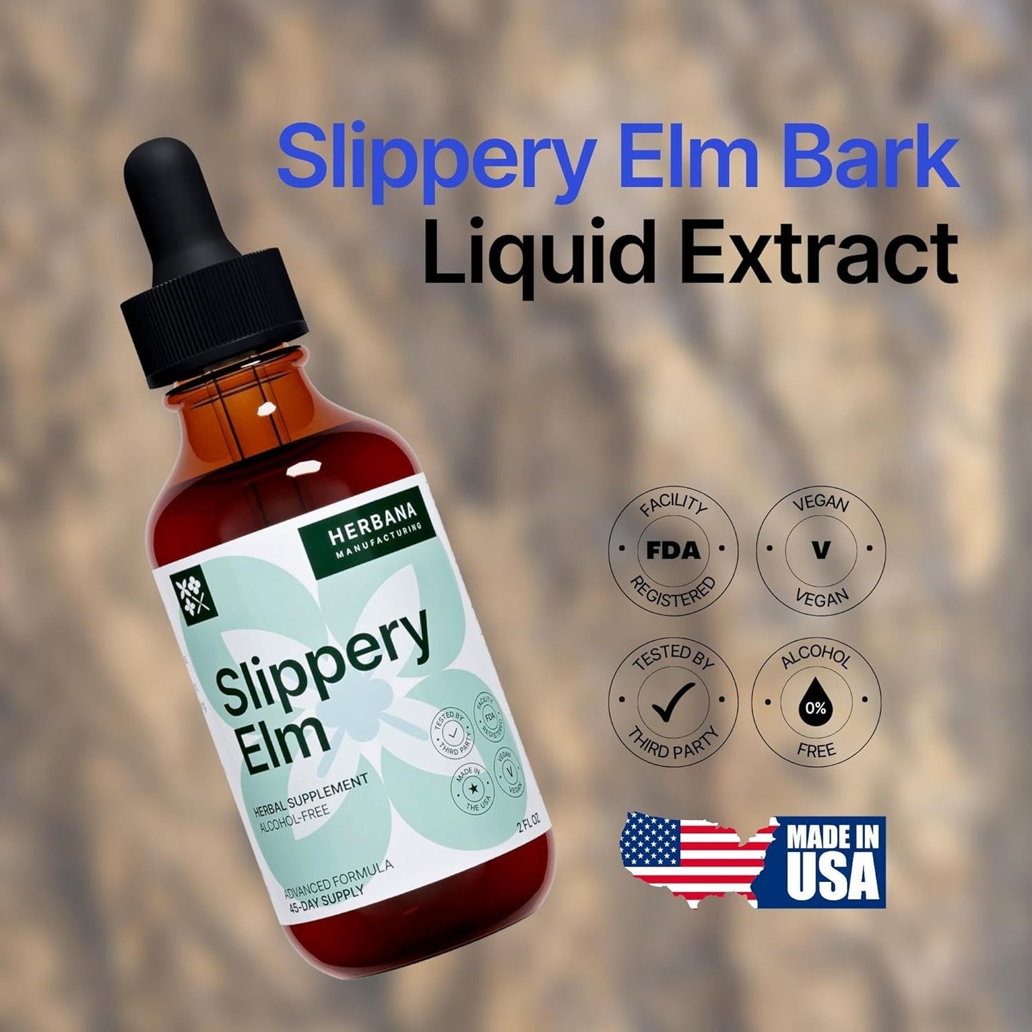 High Potency Slippery Elm Bark Liquid Extract for Gut, Respiratory & Immune Support - Natural Herbal Drops - 2 fl oz - Ulmus Rubra Tincture - 45-Day Supply for Men & Women