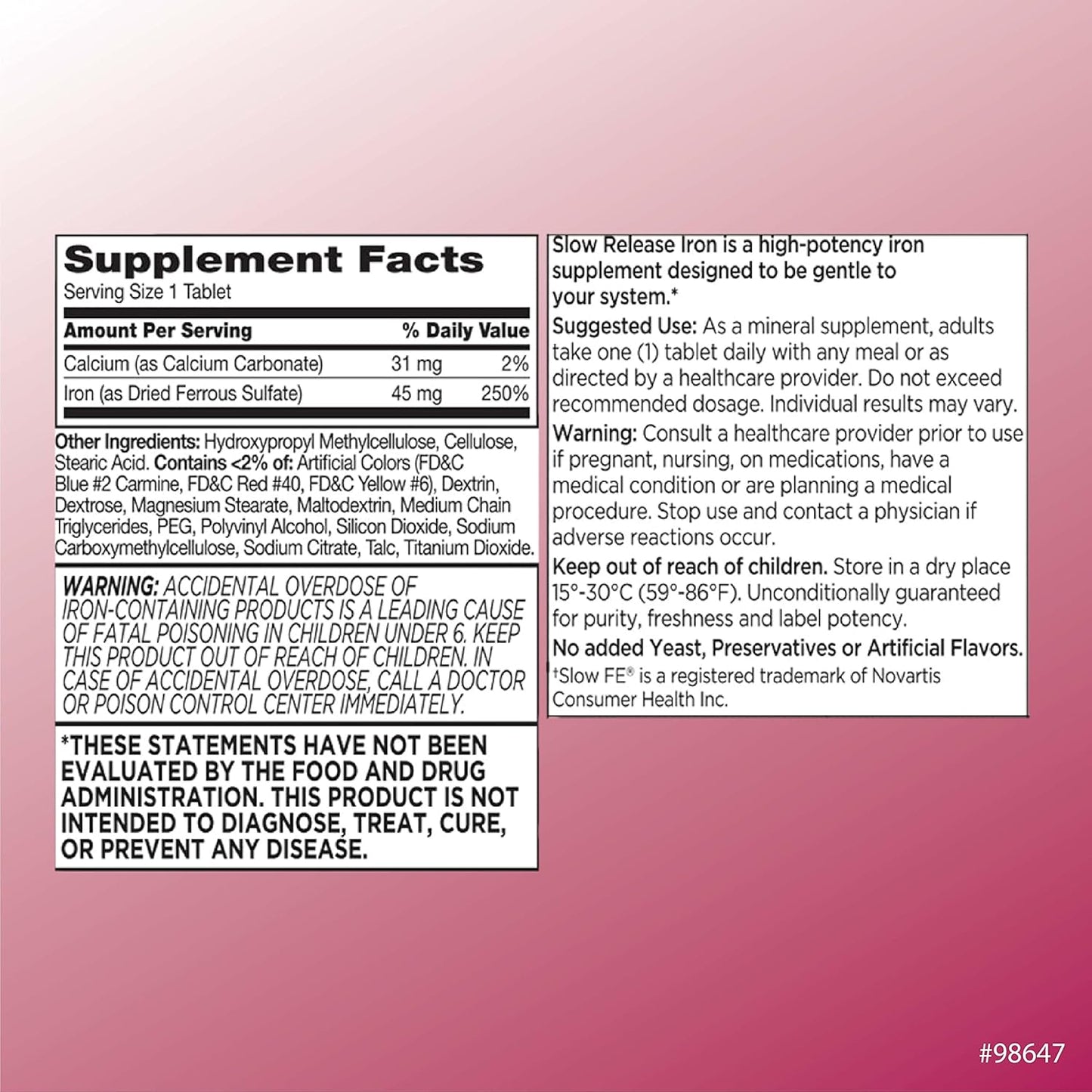 High Potency Slow Release Iron Tablets - 45mg, 60 Tablets Each - Pack of 5 - Quality Choice