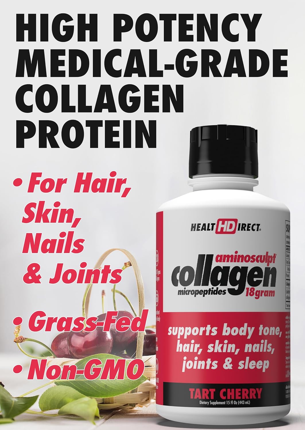 High Potency Sugar-Free Collagen Supplement for Hair, Skin, Nails & Joints - Grass-Fed, Non-GMO, Tart Cherry Liquid Collagen - 15 Fl Oz - BoostGo Australia