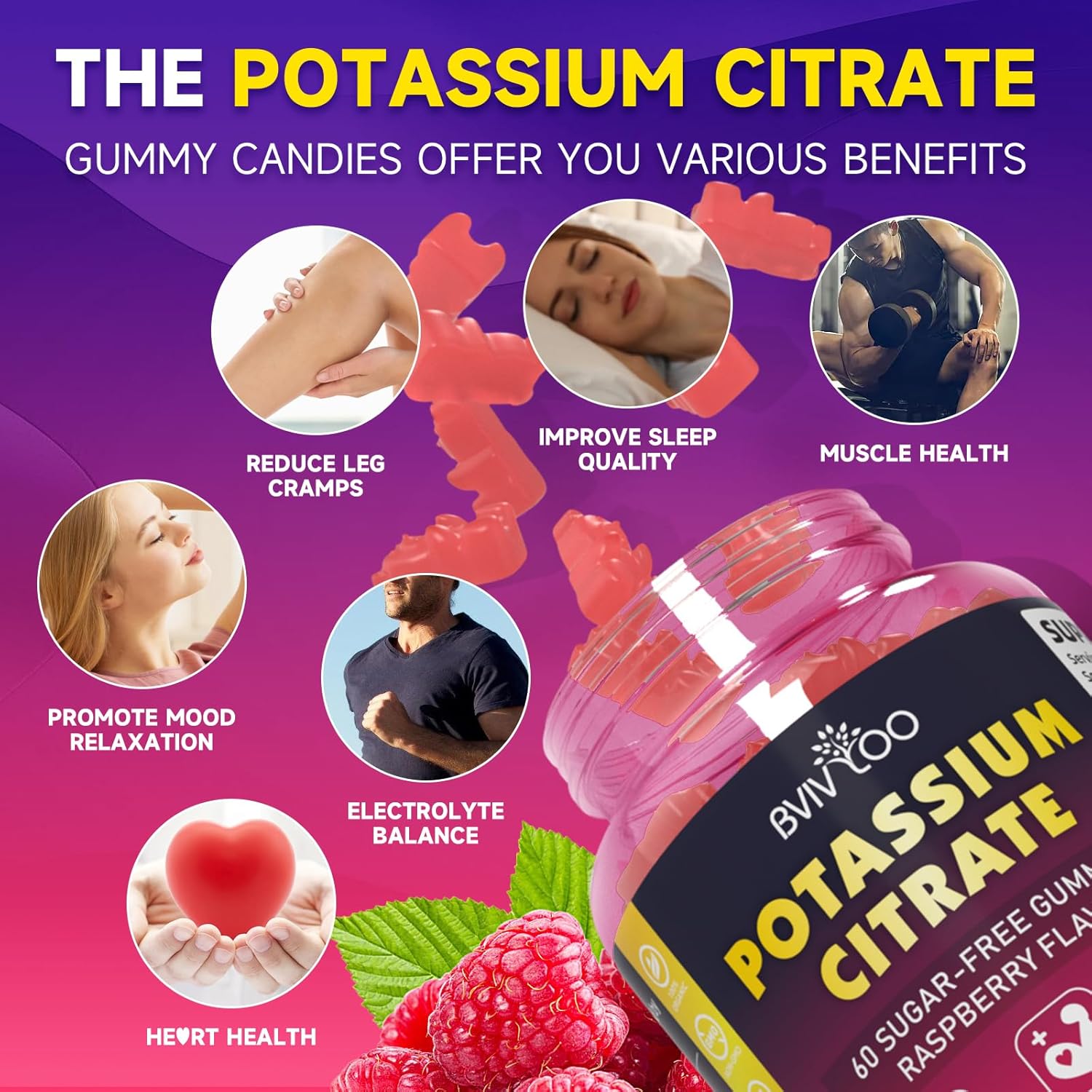 High Potency Sugar-Free Potassium Citrate Gummies for Adults - 1000mg, 120 Count - Supports Leg Cramps & Electrolyte Balance