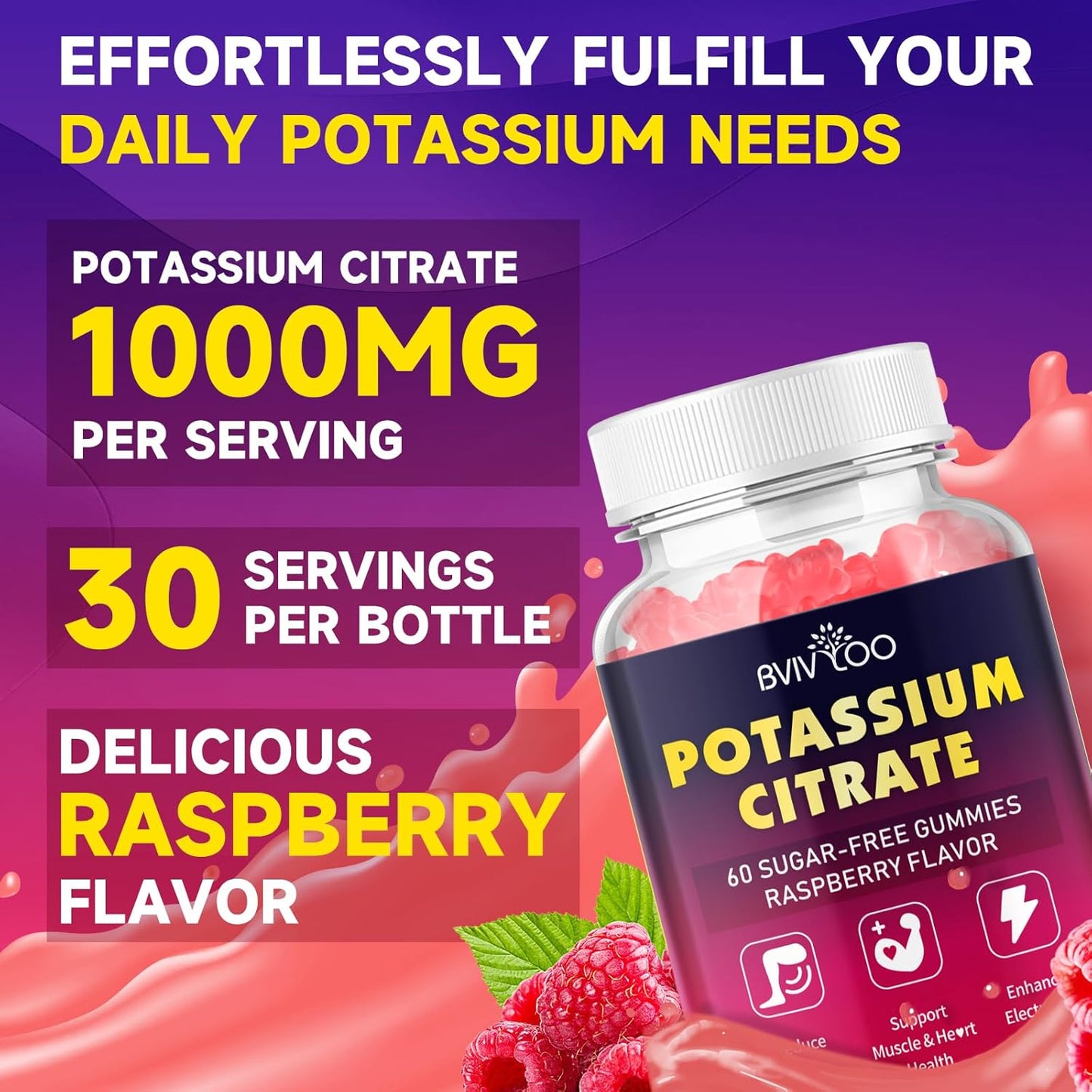 High Potency Sugar-Free Potassium Citrate Gummies for Adults - 1000mg, 120 Count - Supports Leg Cramps & Electrolyte Balance