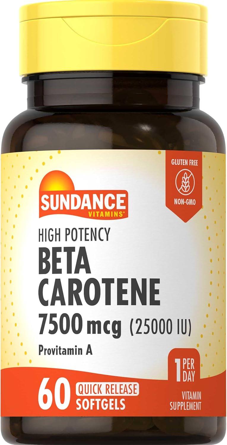 High Potency Sundance Beta Carotene Softgels - 7500mcg Provitamin A - Non-GMO & Gluten Free - 60 Count