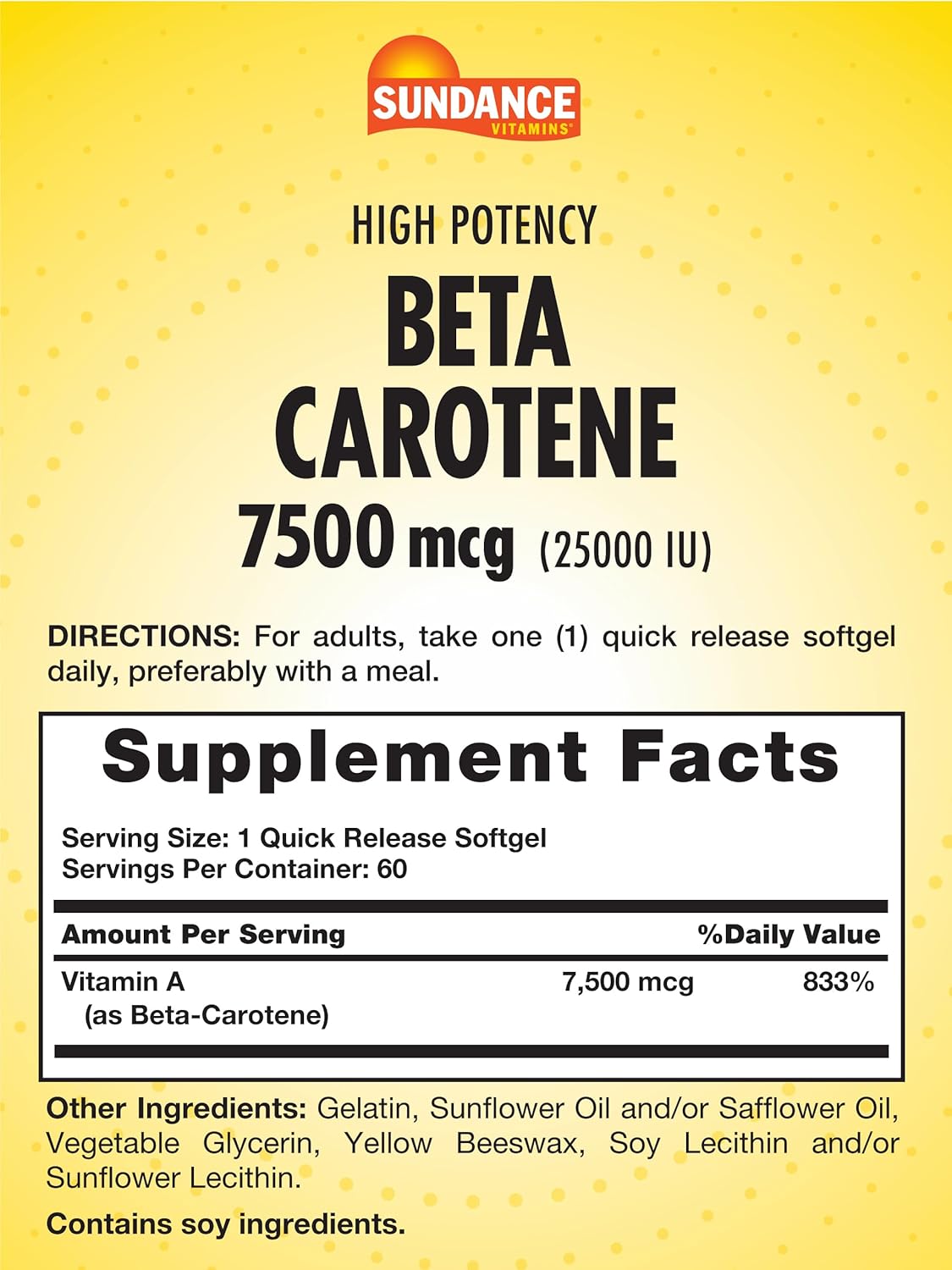 High Potency Sundance Beta Carotene Softgels - 7500mcg Provitamin A - Non-GMO & Gluten Free - 60 Count