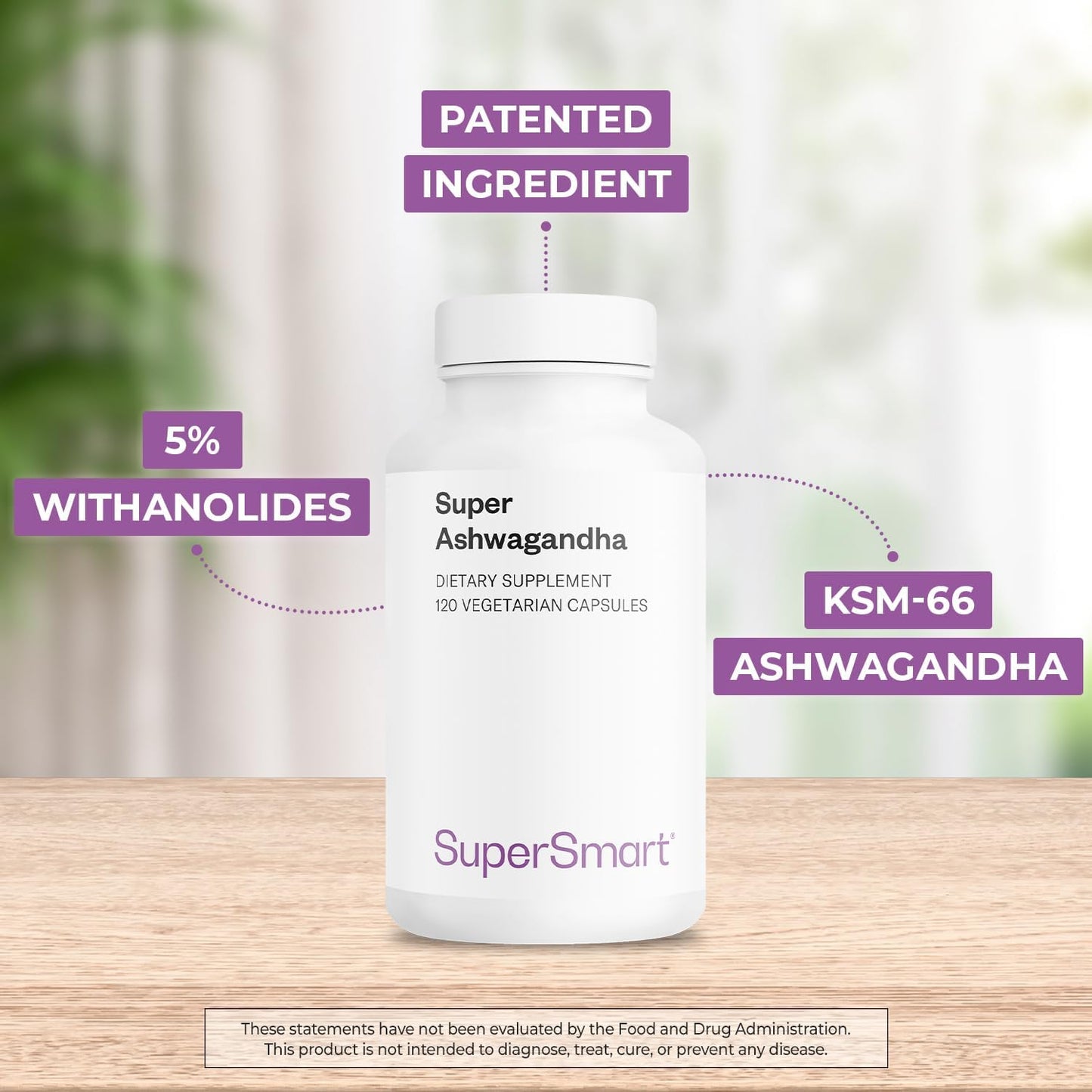 High Potency Supersmart Ashwagandha Capsules - 600mg (Patented) KSM-66, 5% Withanolides - Non-GMO & Gluten Free - 120 Veg Caps