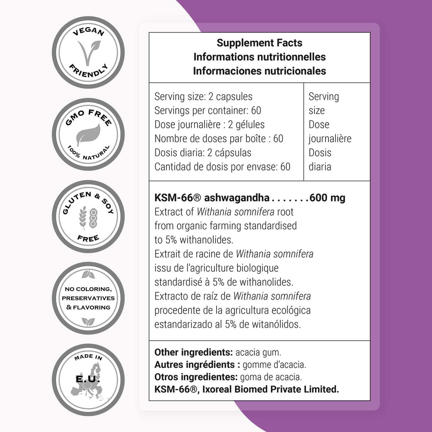 High Potency Supersmart Ashwagandha Capsules - 600mg (Patented) KSM-66, 5% Withanolides - Non-GMO & Gluten Free - 120 Veg Caps