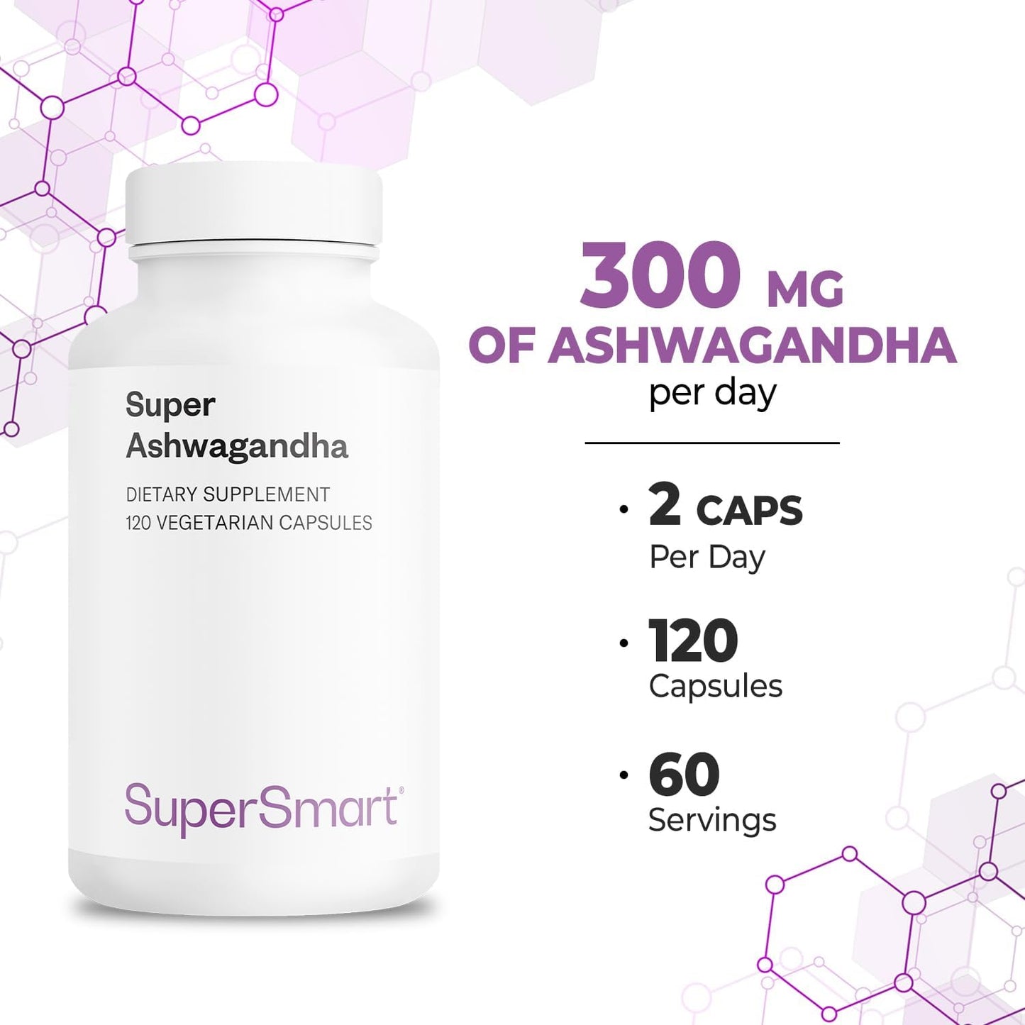 High Potency Supersmart Ashwagandha Capsules - 600mg (Patented) KSM-66, 5% Withanolides - Non-GMO & Gluten Free - 120 Veg Caps