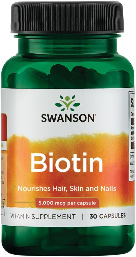 High Potency Swanson Biotin B7 Vitamin 5000 mcg Supplement for Hair, Skin, and Nails - 30 Capsules