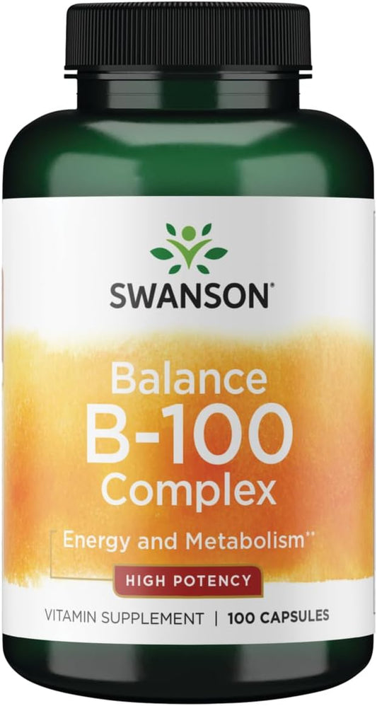 High Potency Swanson Vitamin B-100 Capsules for Energy, Metabolism, Heart Health, Brain Health & Nervous Function - 100 Count