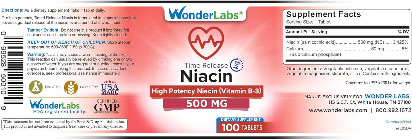 High Potency Time Release Niacin (Vitamin B3) 500mg - 100 Tablets by Wonder Laboratories | Non-GMO & Gluten Free