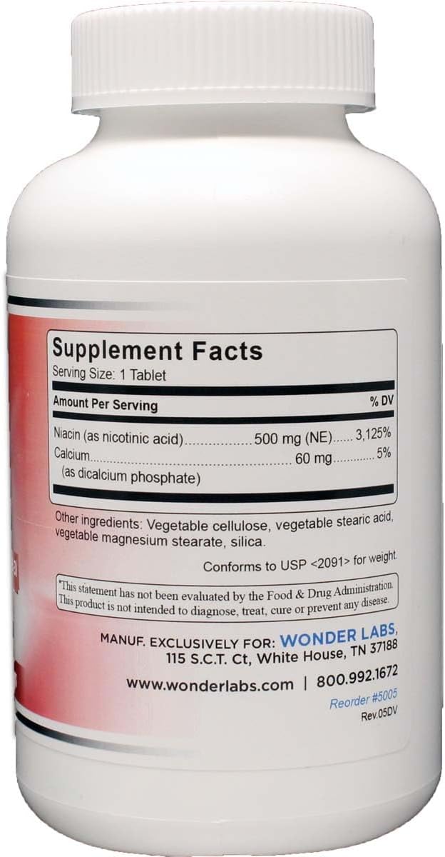 High Potency Time Release Niacin (Vitamin B3) 500mg - 100 Tablets by Wonder Laboratories | Non-GMO & Gluten Free