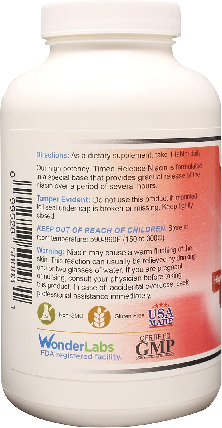 High Potency Time Release Niacin (Vitamin B3) 500mg - 100 Tablets by Wonder Laboratories | Non-GMO & Gluten Free