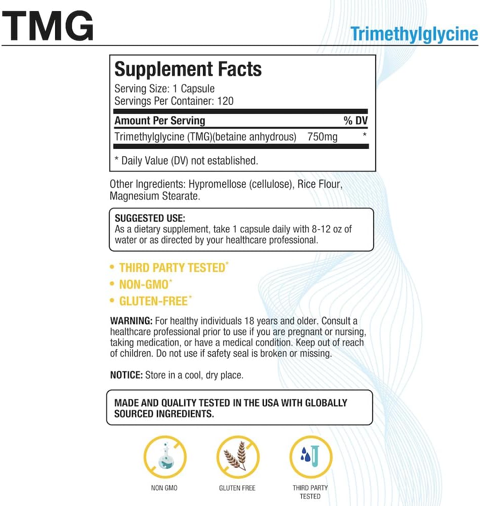 High Potency TMG 750mg Supplement for Healthy Homocysteine Levels - Non-GMO, Gluten-Free, Made in USA - 120 Capsules - BoostGo Australia