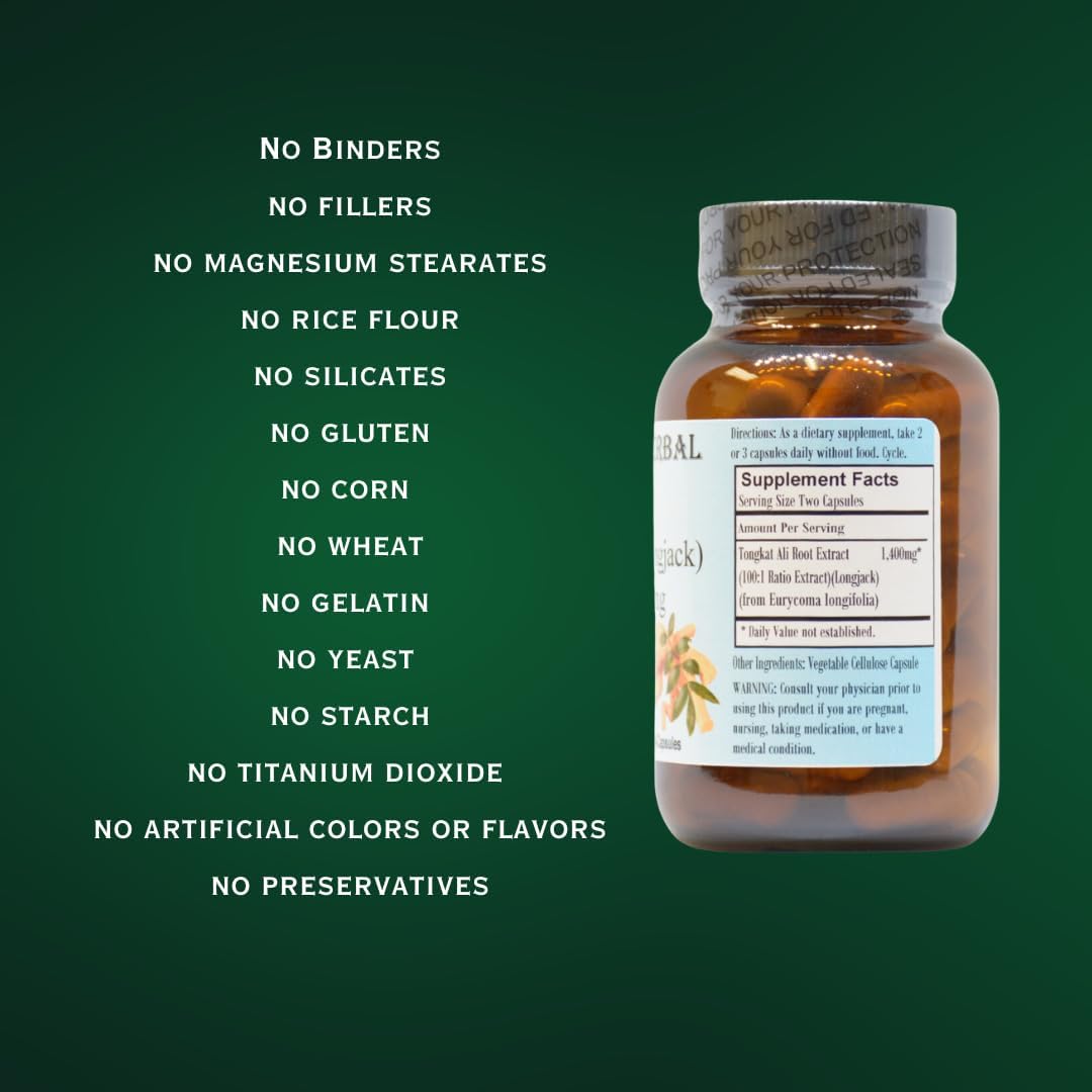 High Potency Tongkat Ali 100:1 Extract Powder Capsules for Endurance - 60 Veggie Capsules, Non-GMO & Gluten-Free
