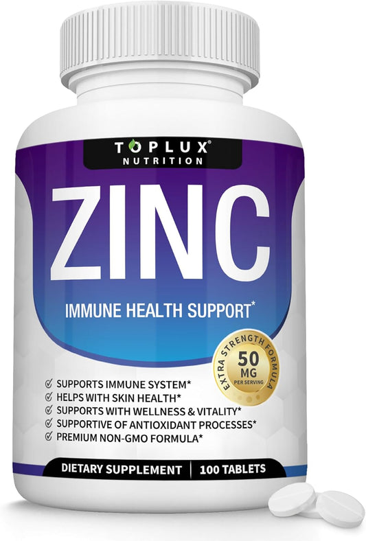 High Potency Toplux Zinc Supplement 50mg - Immune Support with Pure Natural Zinc Oxide for Skin & Antioxidant Support - 100 Tablets for Men and Women