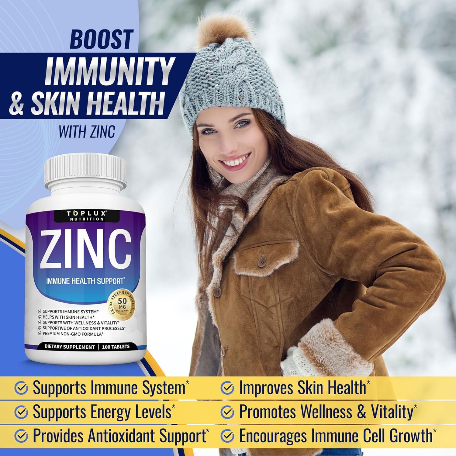 High Potency Toplux Zinc Supplement 50mg - Immune Support with Pure Natural Zinc Oxide for Skin & Antioxidant Support - 100 Tablets for Men and Women
